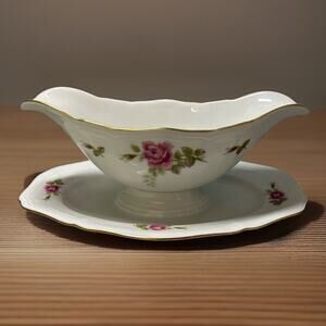 Haviland Chippendale Rose Gravy Attached Under Plate Pink Roses Bavaria Germany